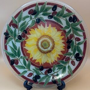 Peggy Karr Tuscany Sunflower and Olives Fused Glass Plate 11.25”